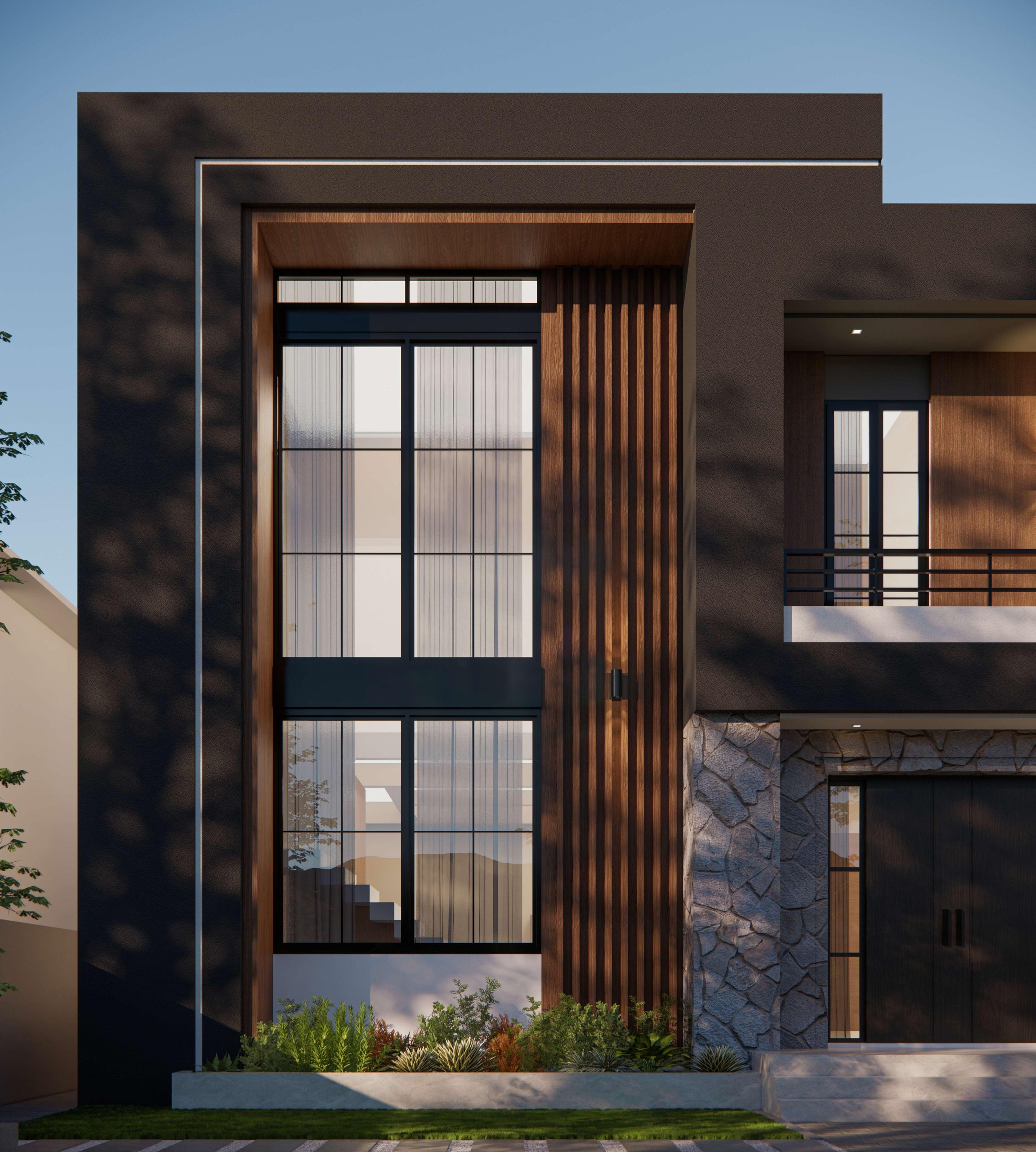Double-height glazed facade framed by dark render and timber fins