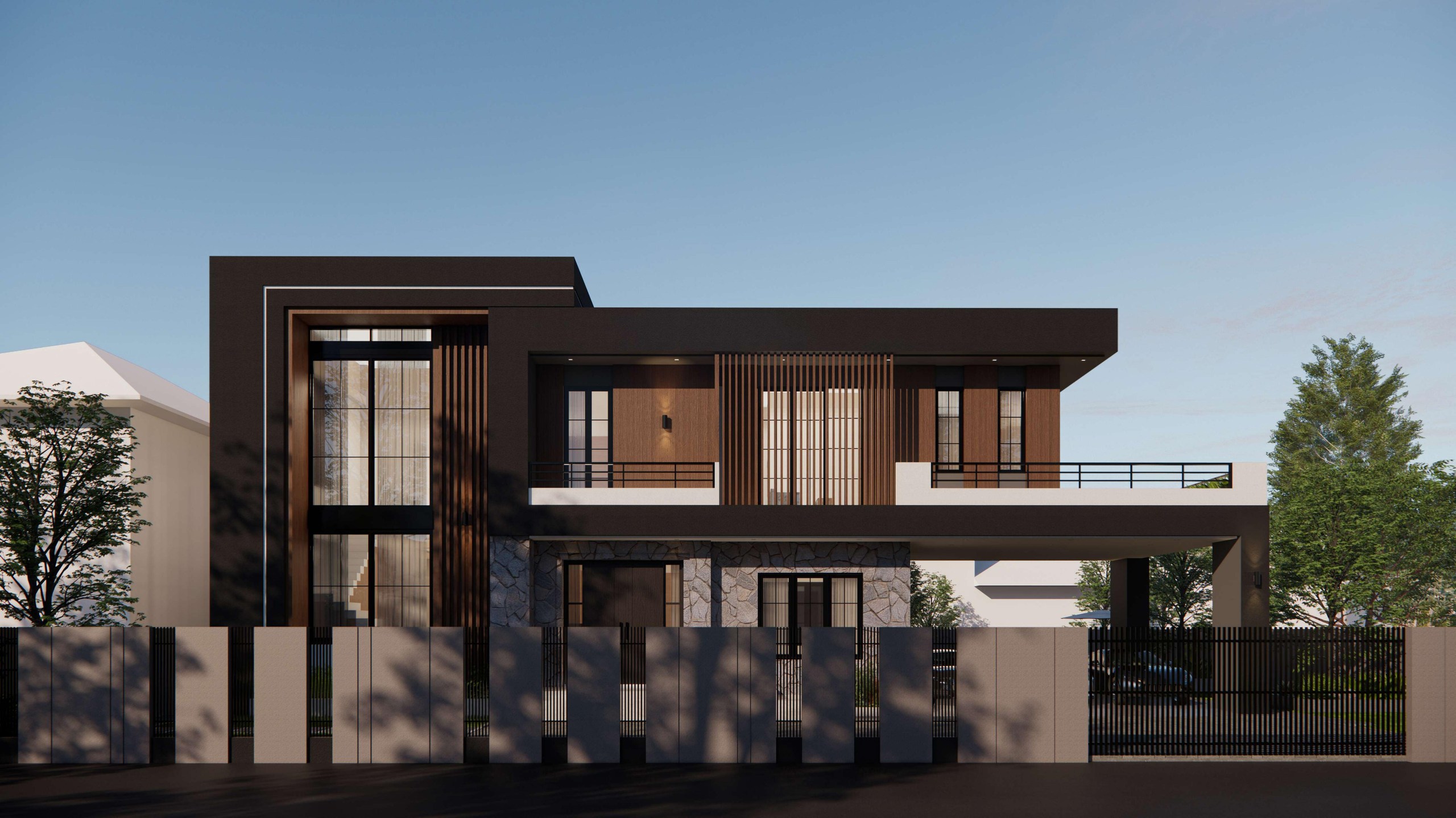 Front elevation of B Residence framed by dark horizontal volumes and timber screens