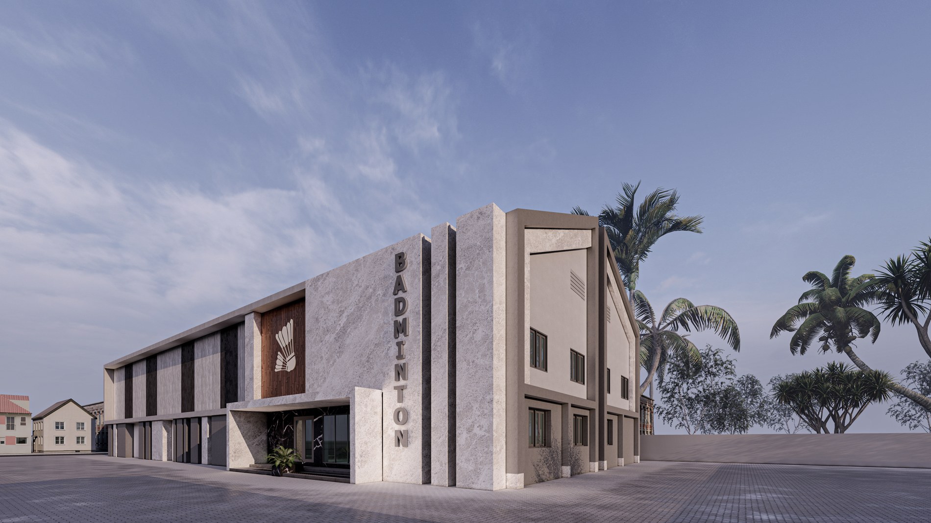 Oblique view showing the entrance and long façade