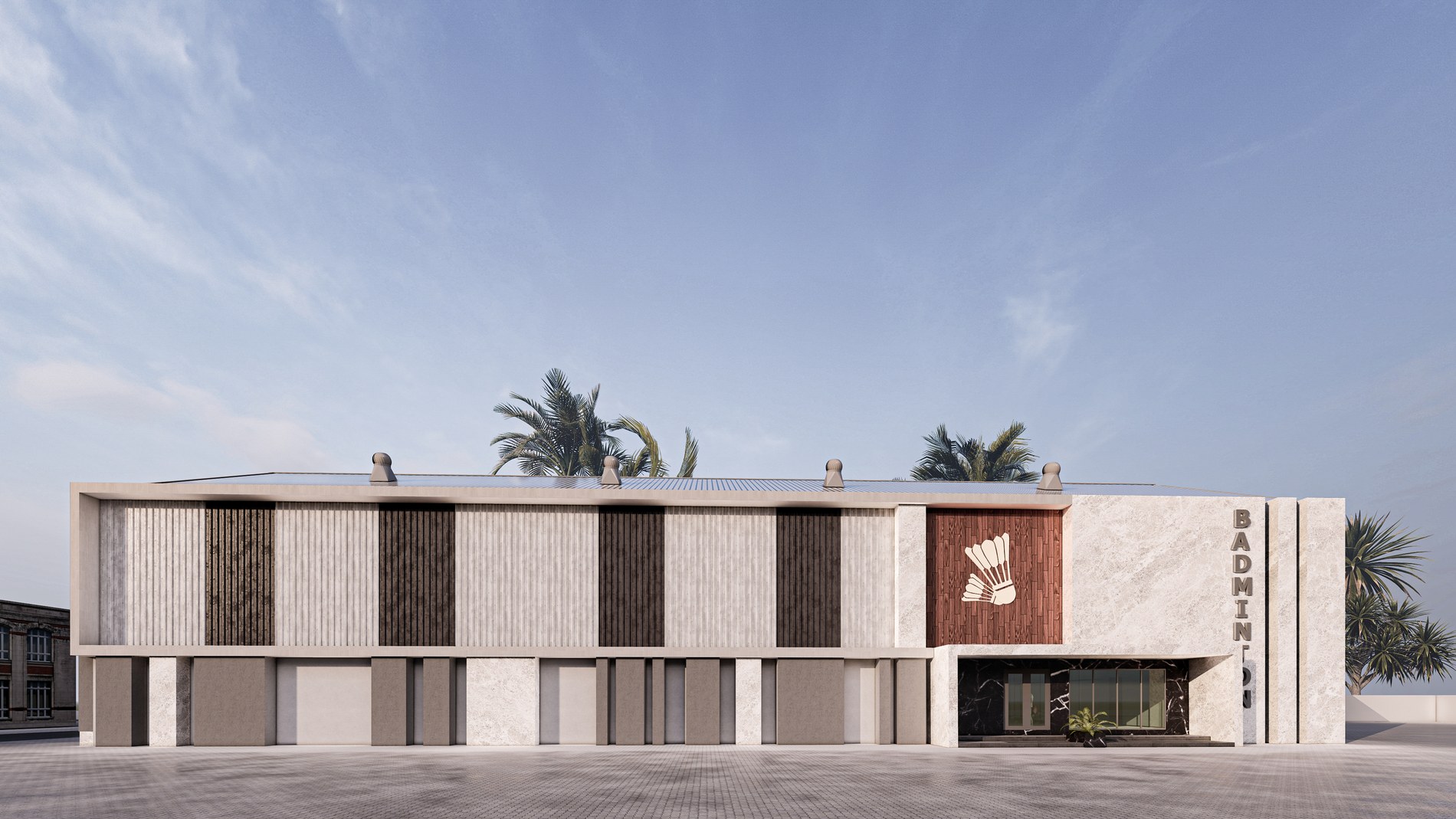 Long front elevation of the Badminton Court