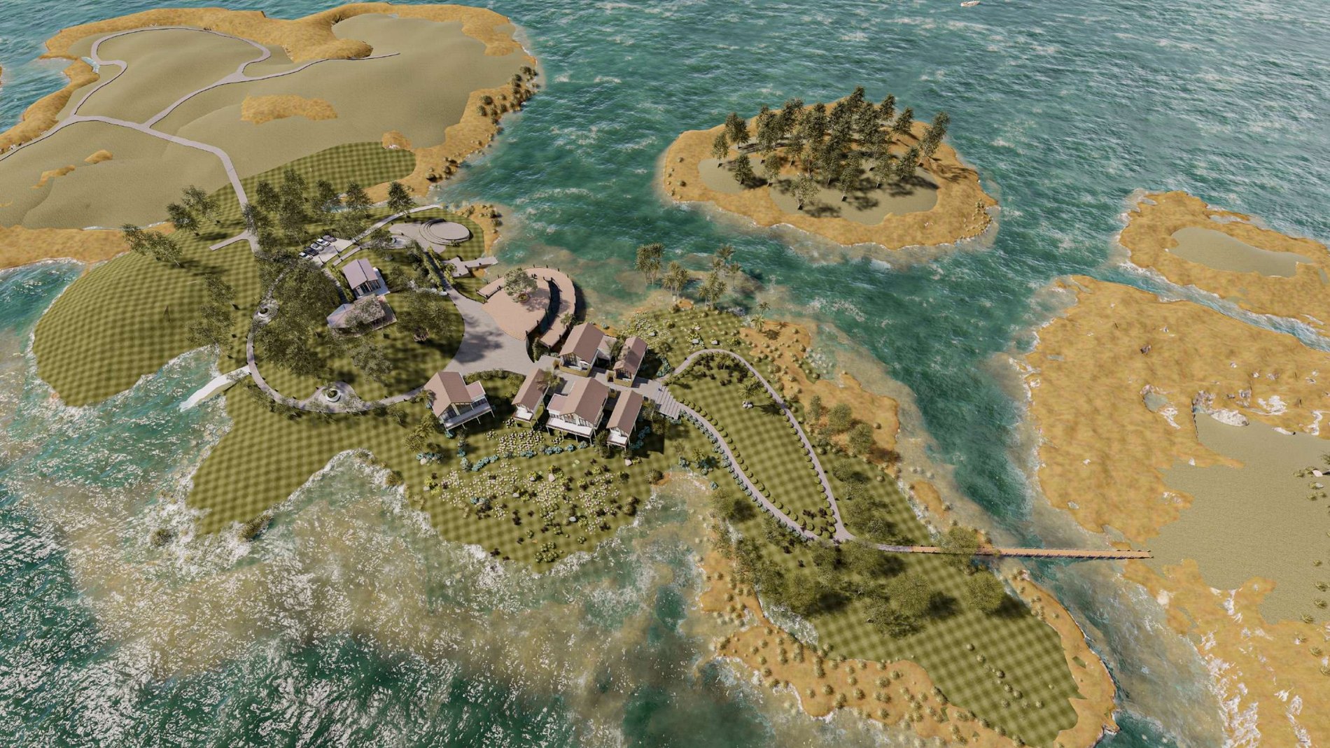 Aerial masterplan of the bungalow resort beside the water