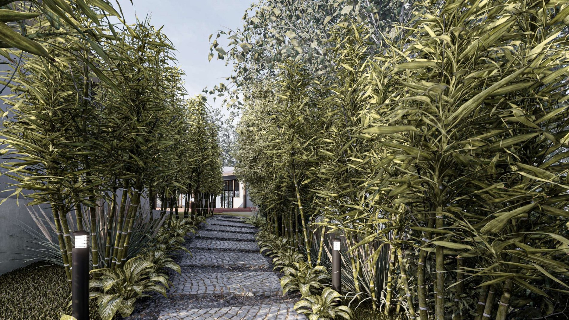 Bamboo-lined path connecting the bungalow pavilions