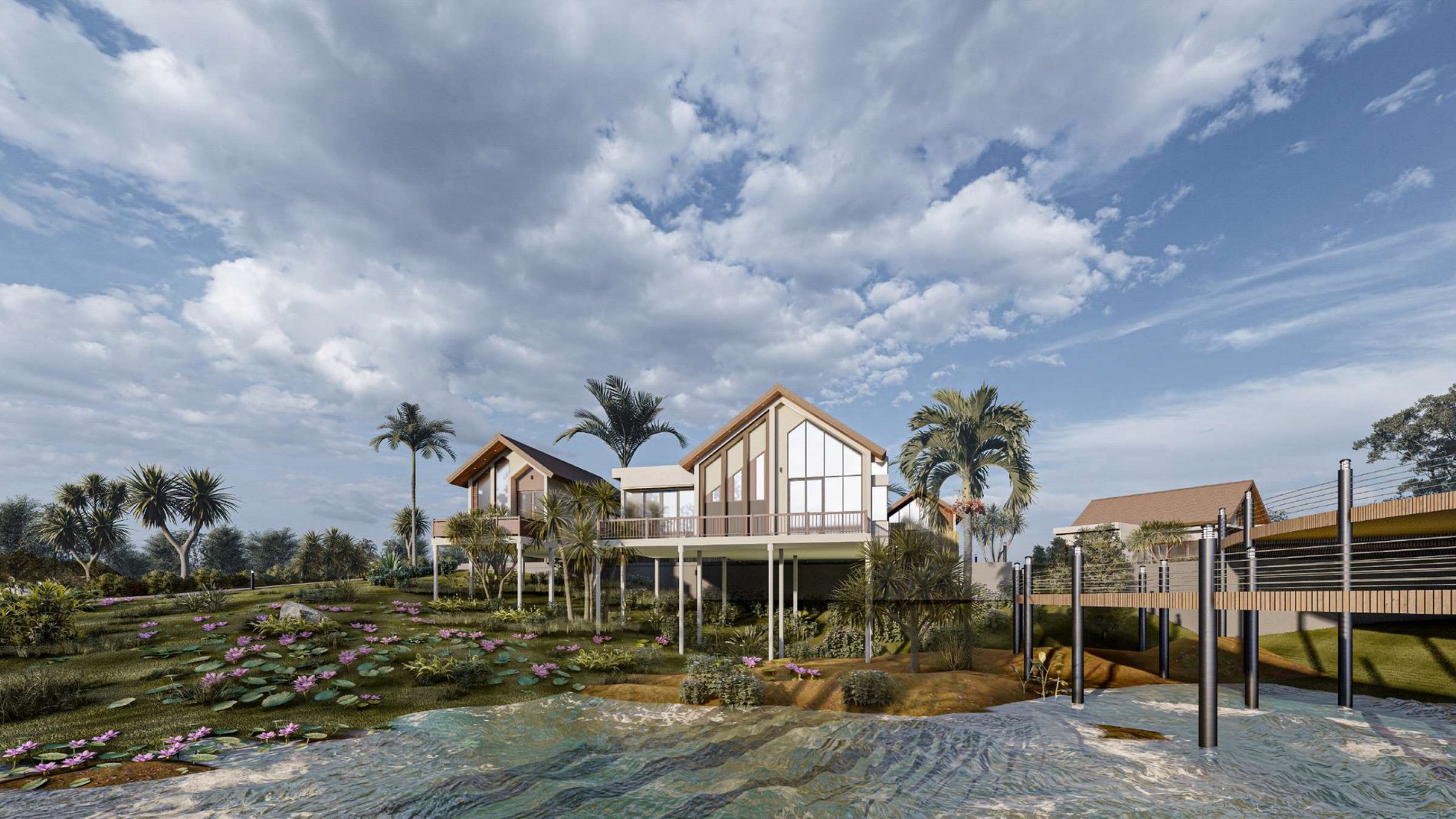 Bungalow pavilions set within a waterside landscape