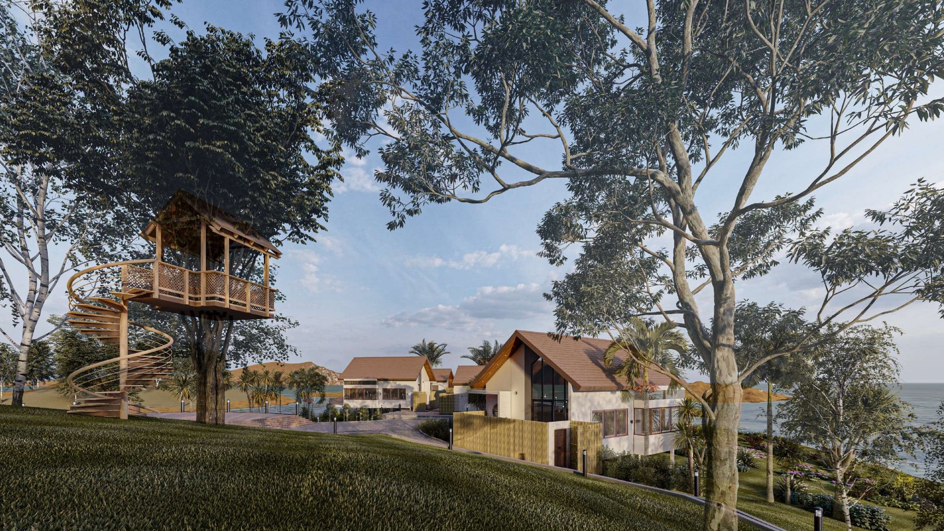 Treehouse pavilion embedded in the resort landscape
