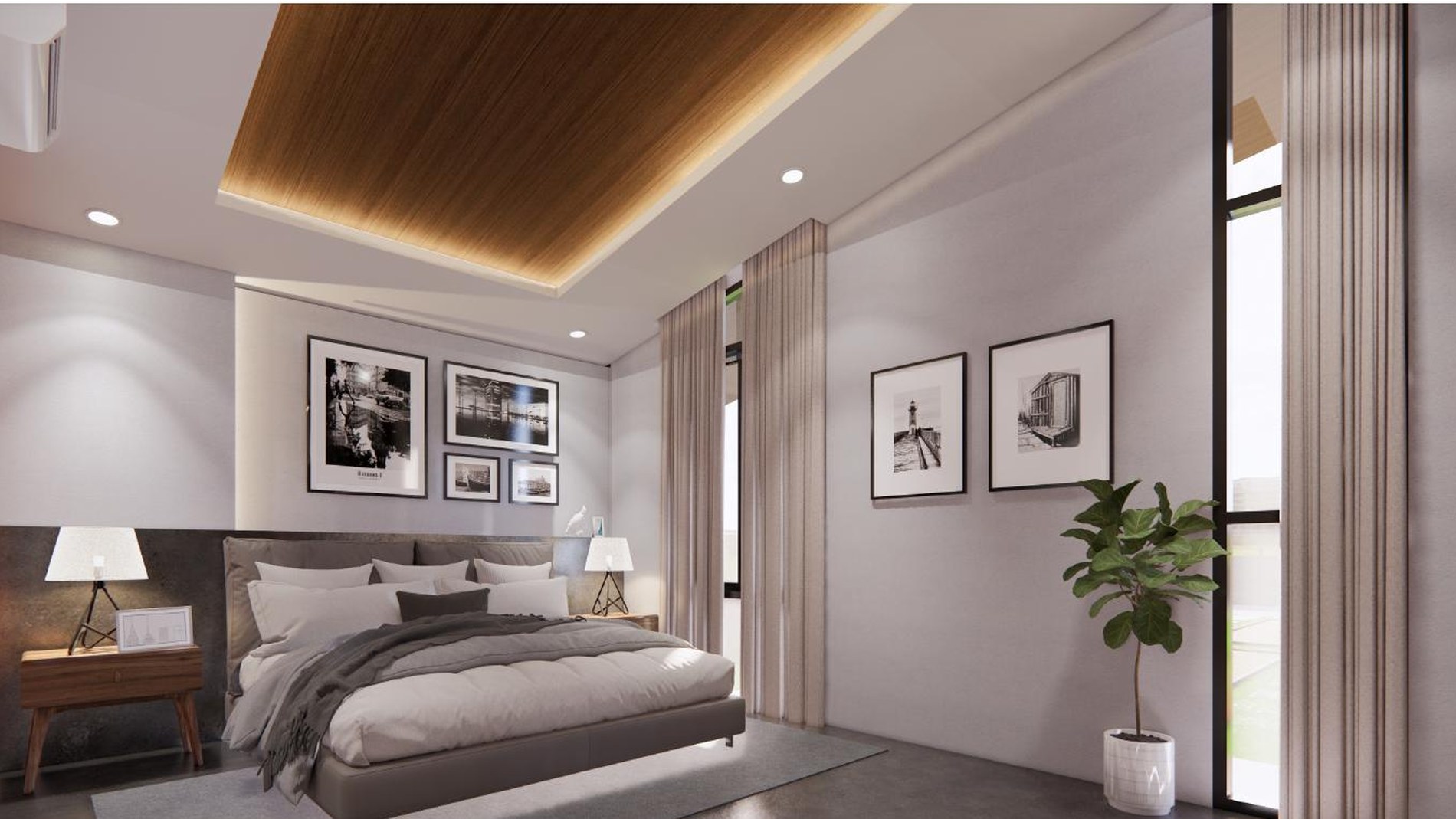 Calm bedroom with a softly illuminated timber ceiling