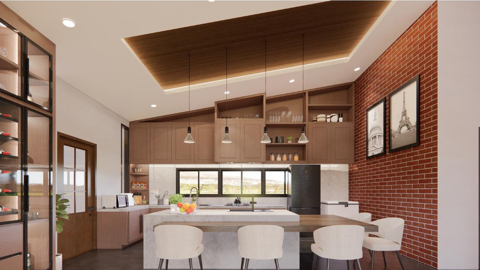 Warm timber kitchen with a red brick feature wall