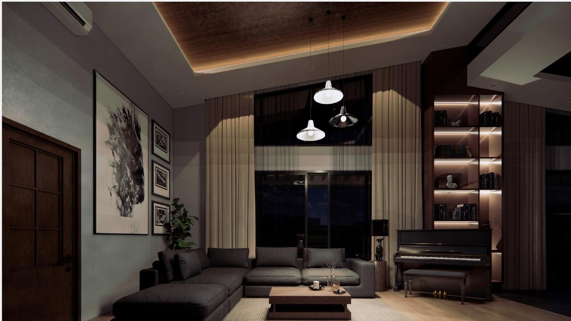 Living room composed around warm timber ceilings at D-01 Residence