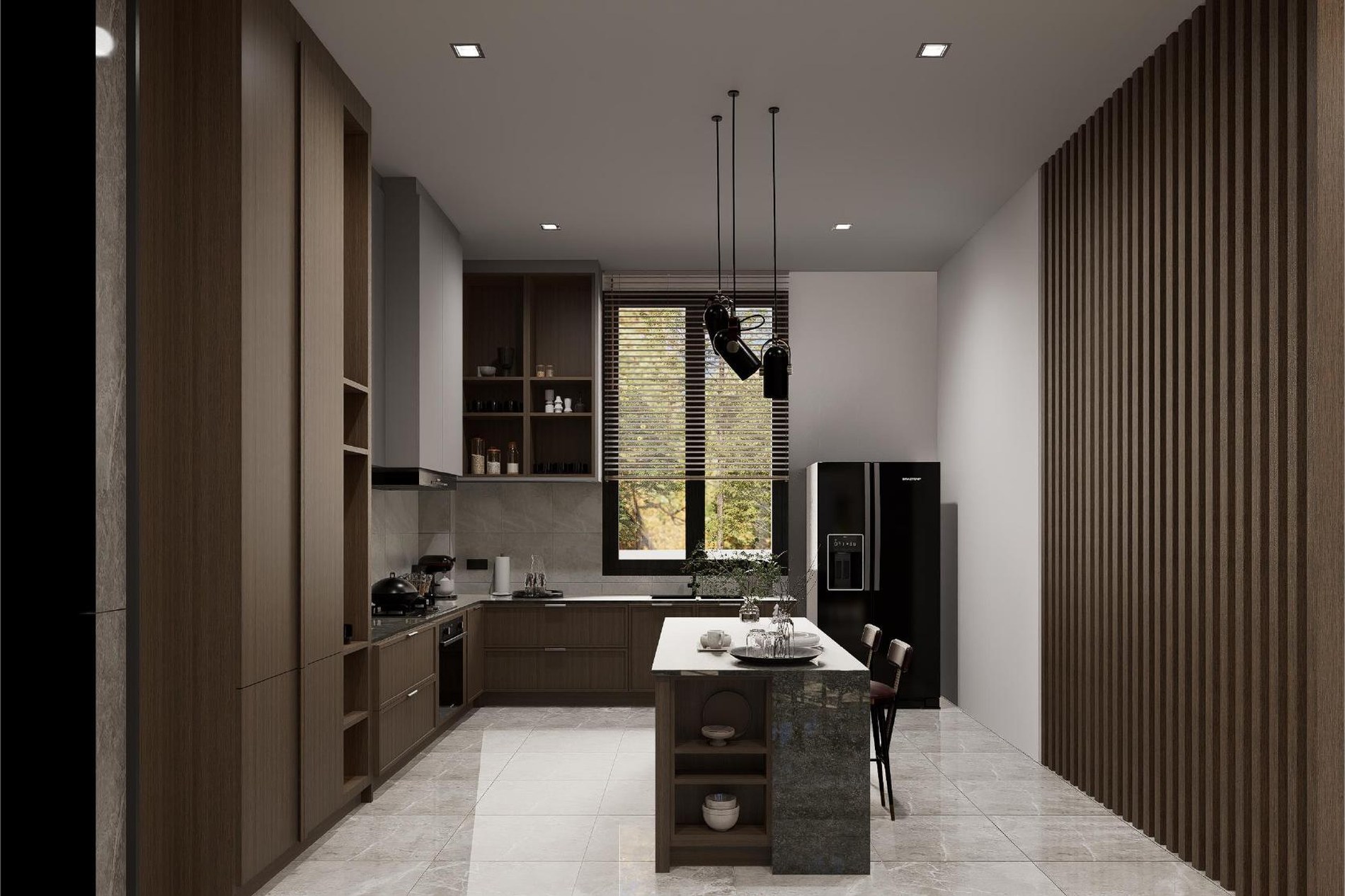 Dark timber kitchen with a central island and vertical screen
