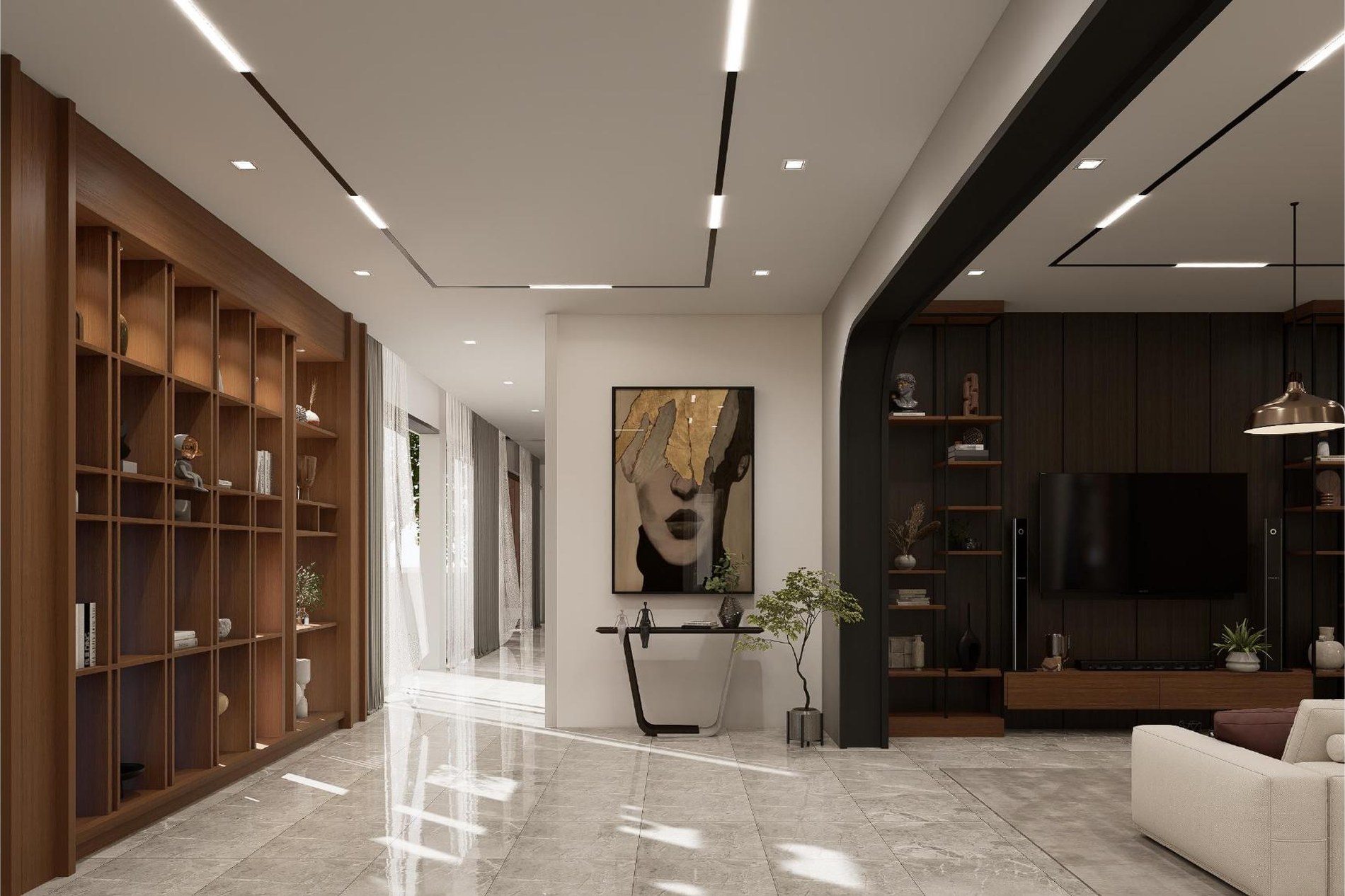 Living room with warm timber shelving and a curved dark media wall