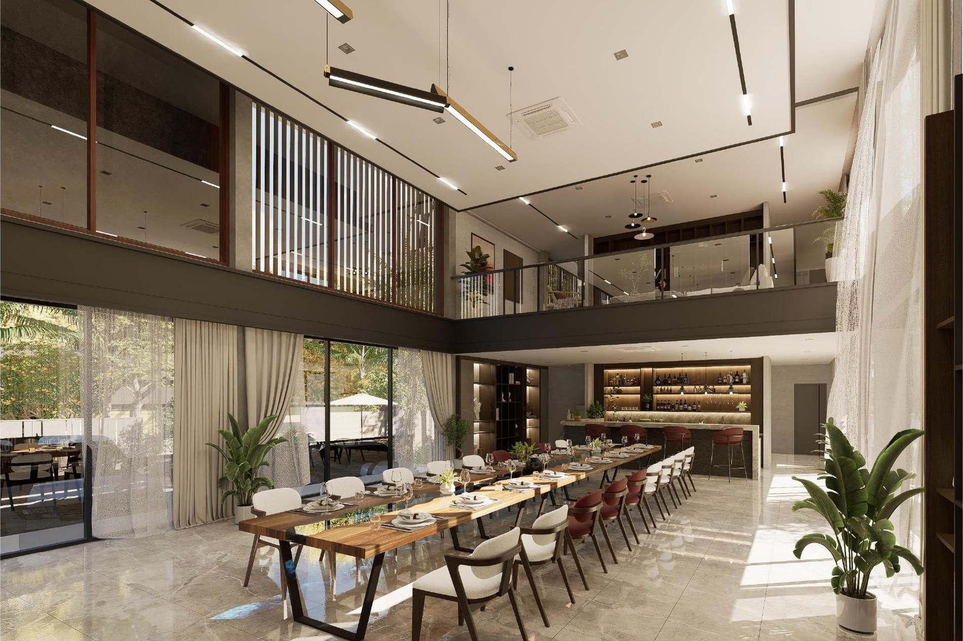 Double-height dining and social hall on the first floor of D-02 Residence