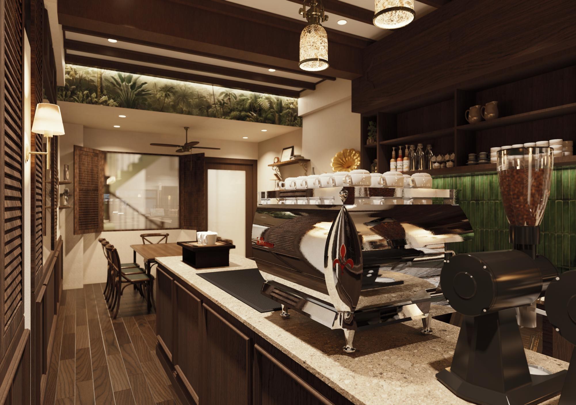 Coffee preparation bar beneath warm pendant lights