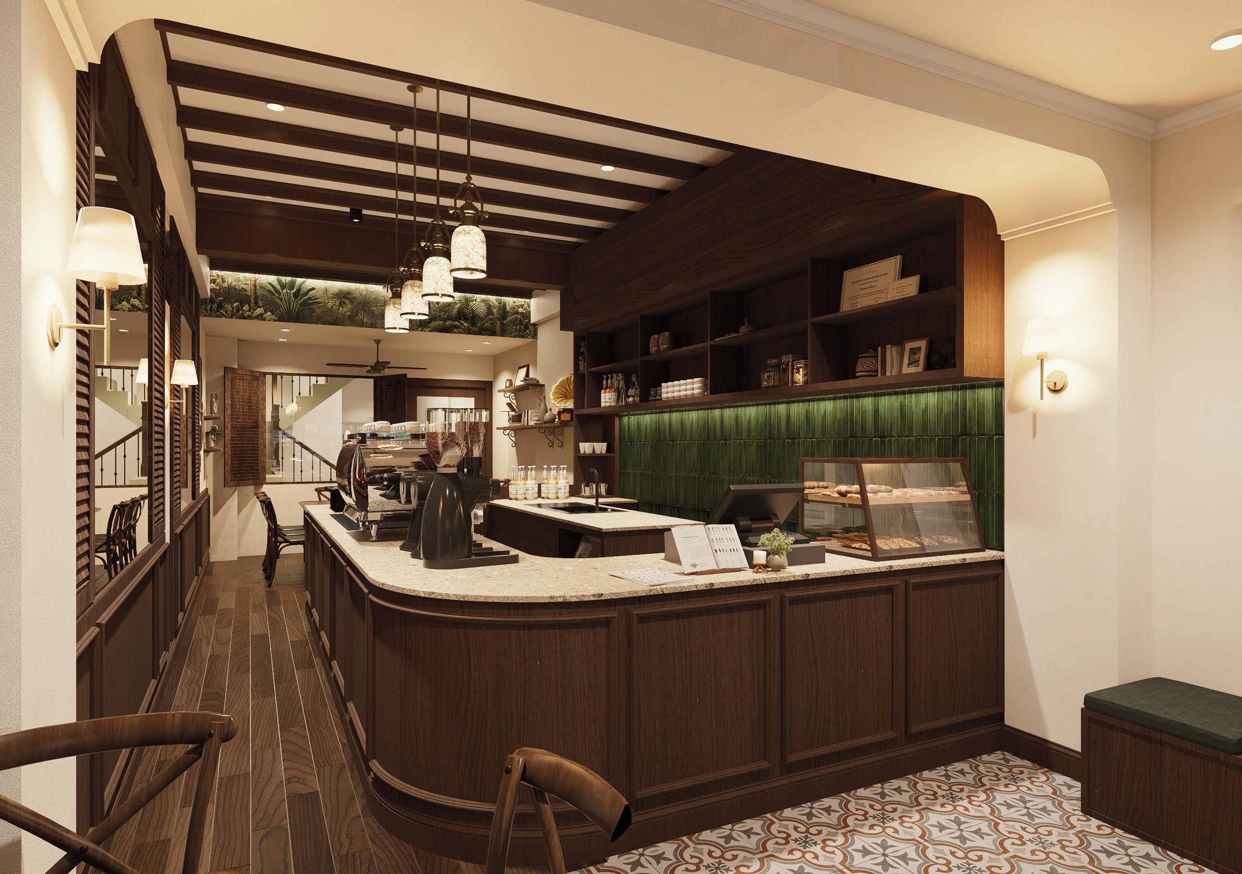 Rounded service counter and timber ceiling at Espresso Cafe