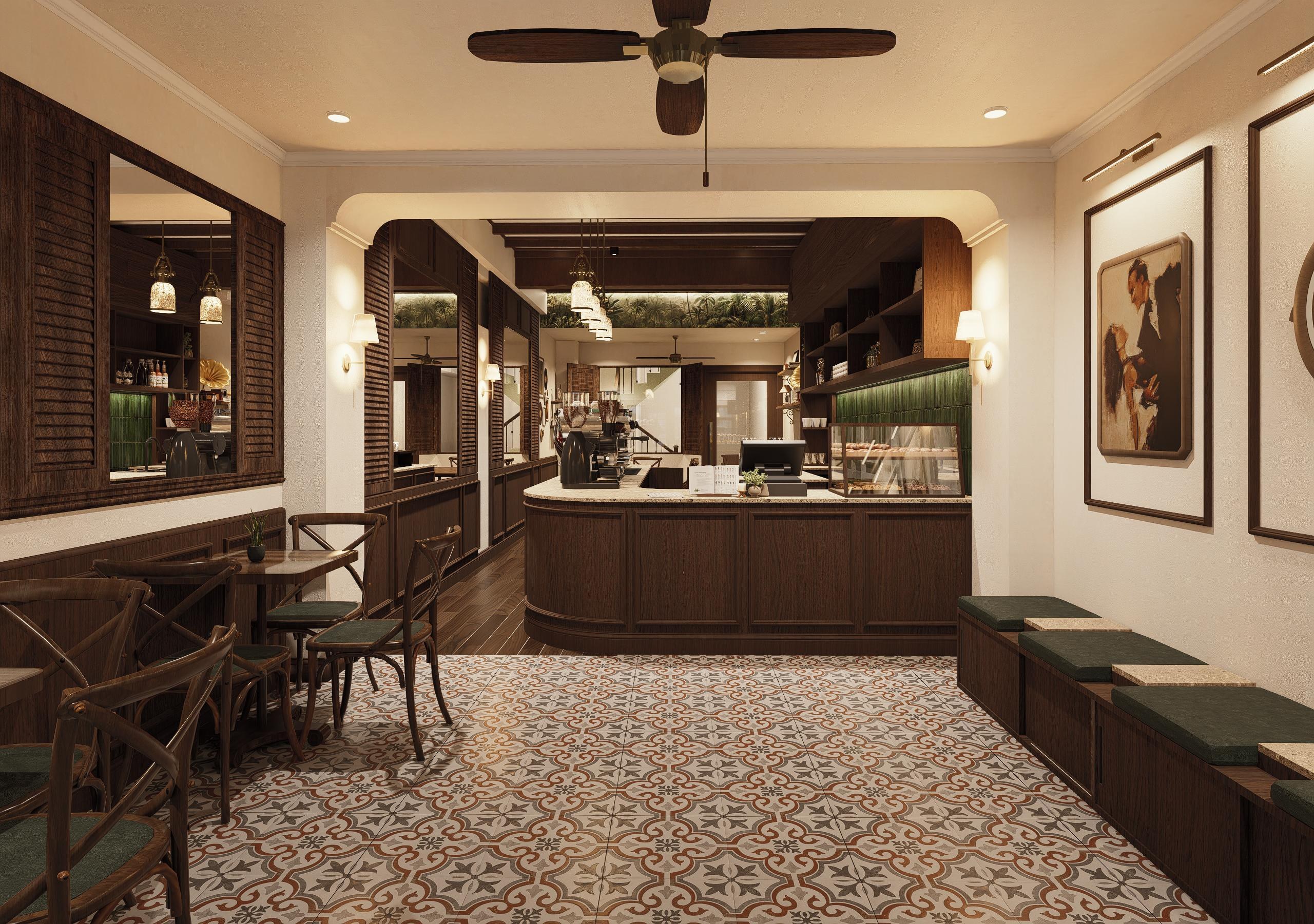 Dark timber counter and patterned floor at Espresso Cafe