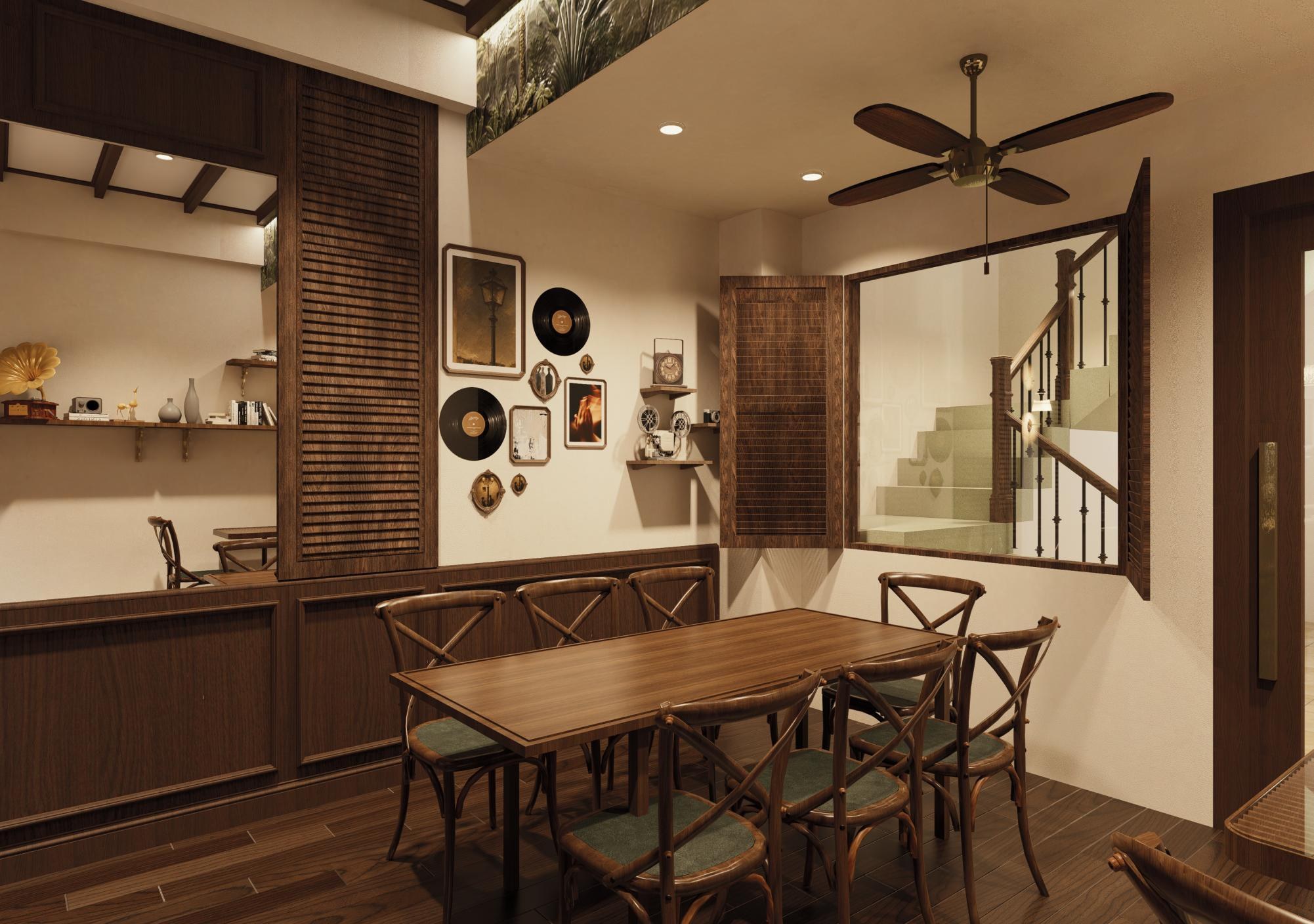 Communal table and framed openings at Espresso Cafe