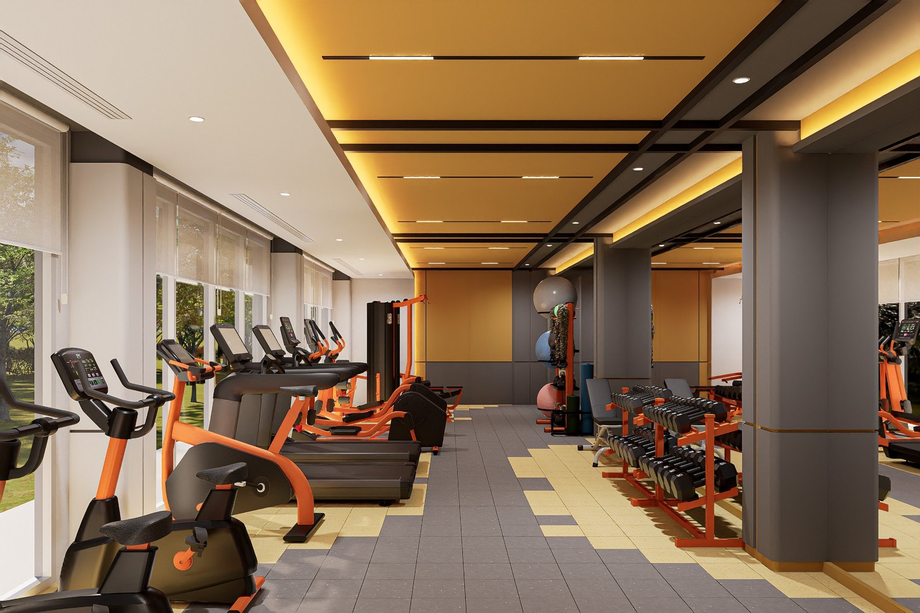 Orange Active concept across the fitness training floor