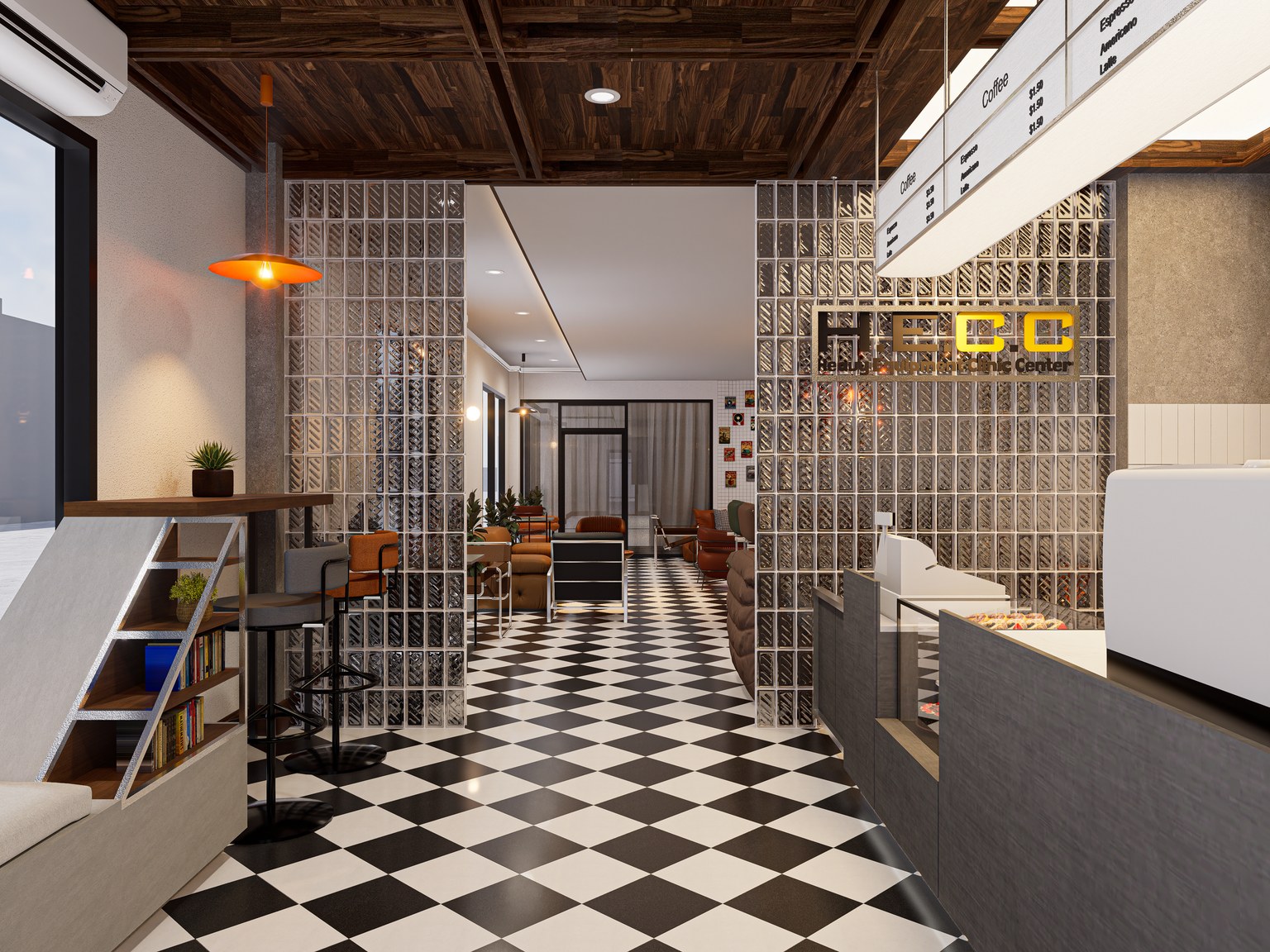 HECC option two with checkerboard flooring and timber ceiling