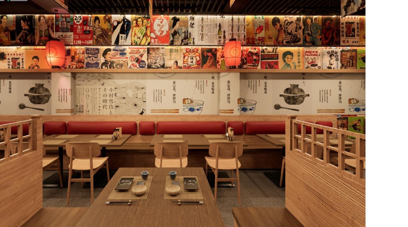 Japanese restaurant banquette beneath vintage wall graphics