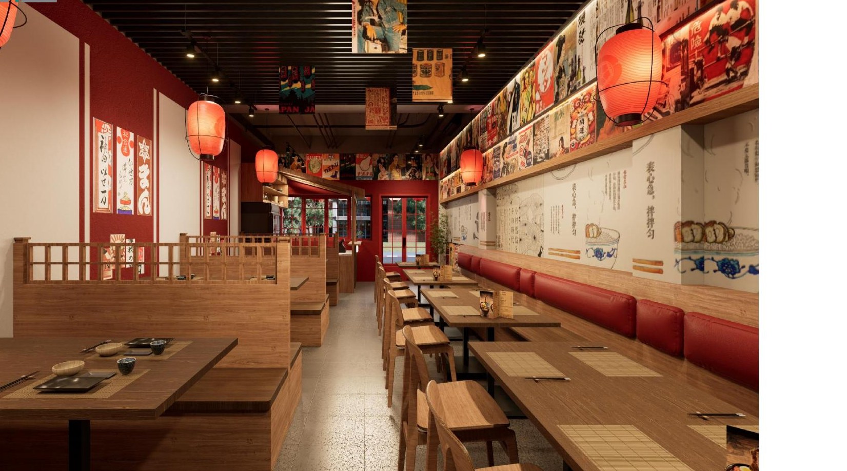 Long perspective through the Japanese restaurant dining room