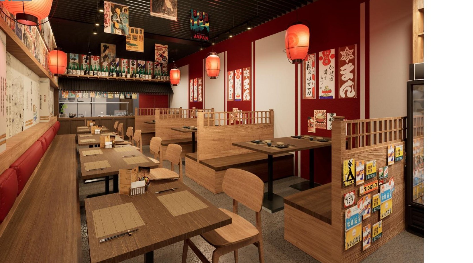 Warm Japanese restaurant interior with timber seating and red lanterns