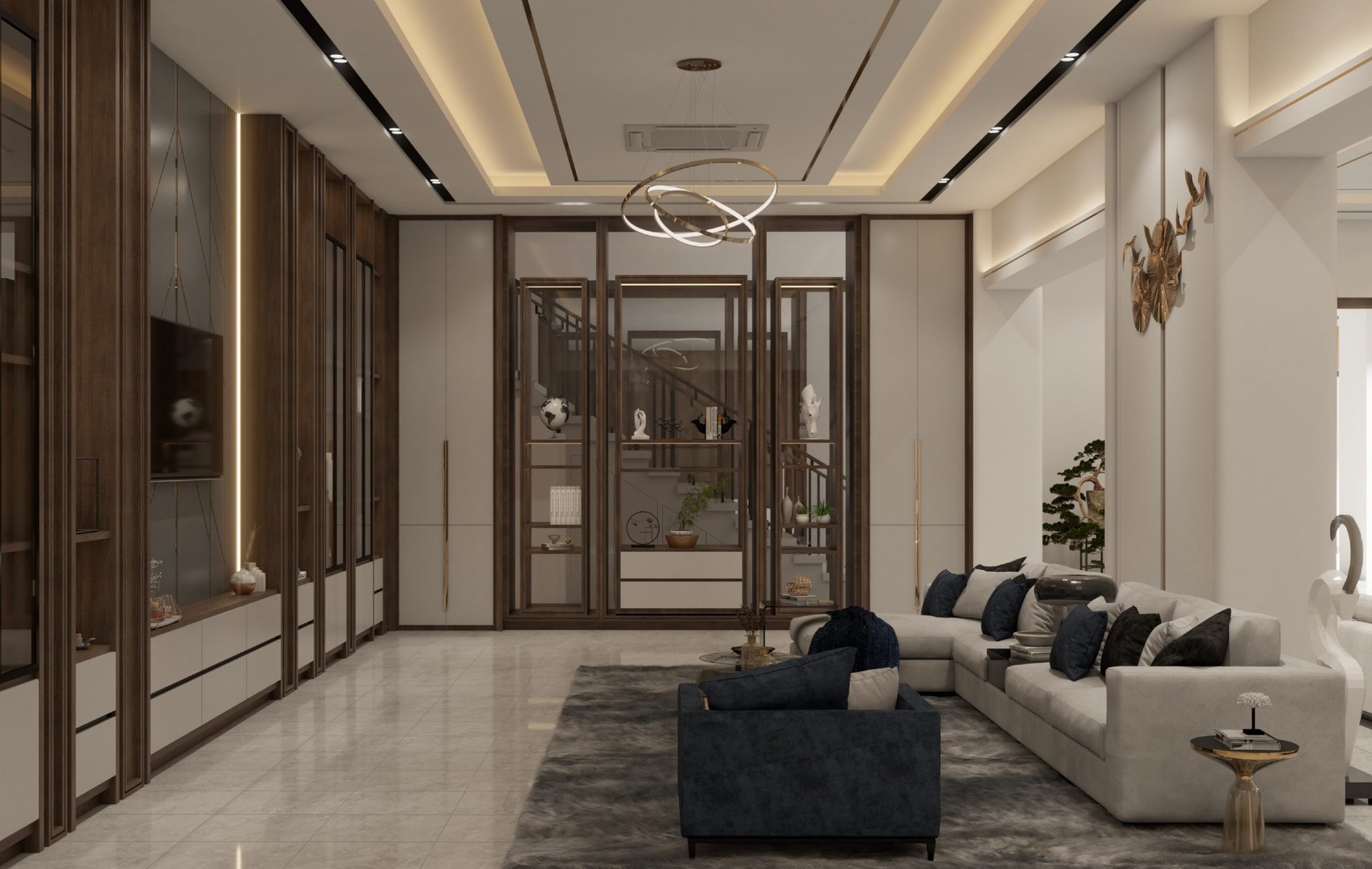 Living area framed by full-height timber cabinetry