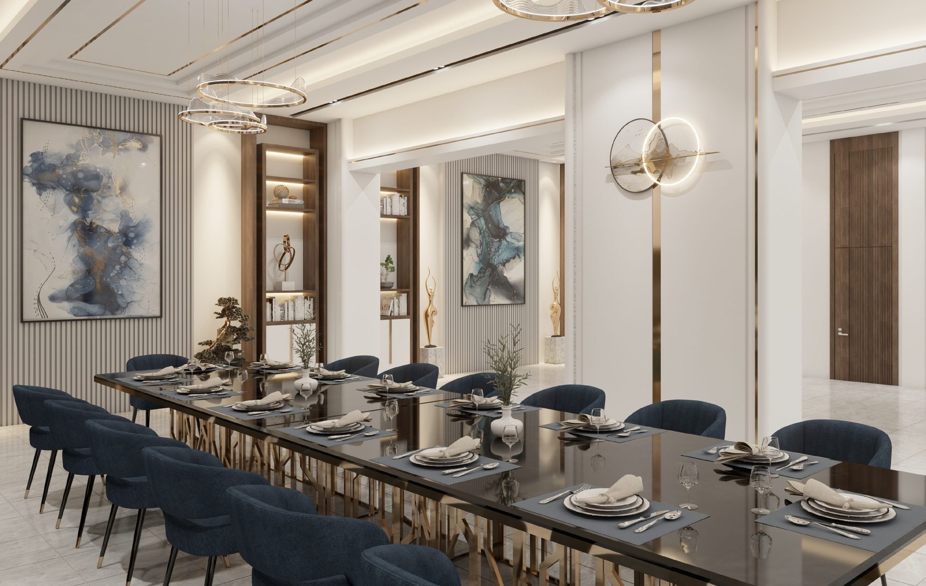 Long dining room with dark timber and blue seating