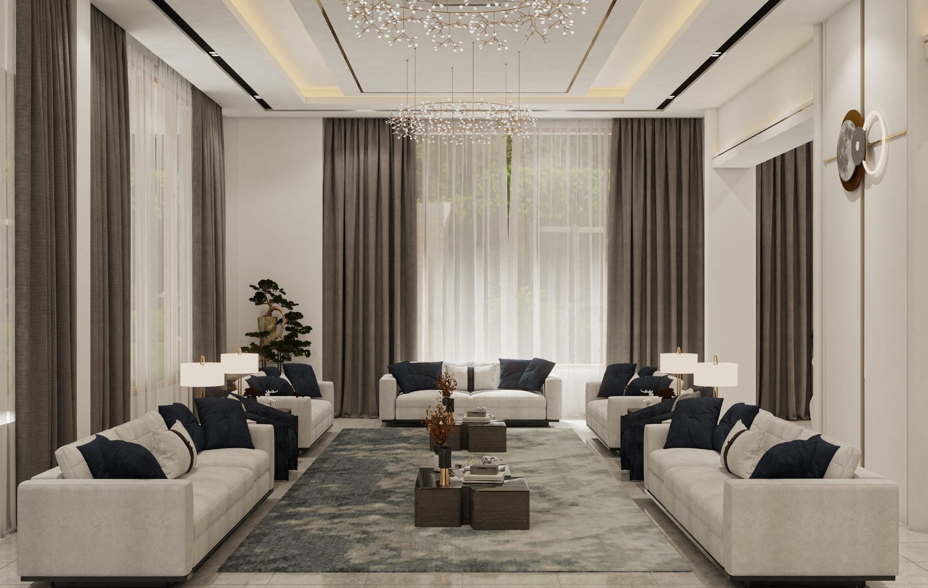 Formal living room with daylight and deep blue accents