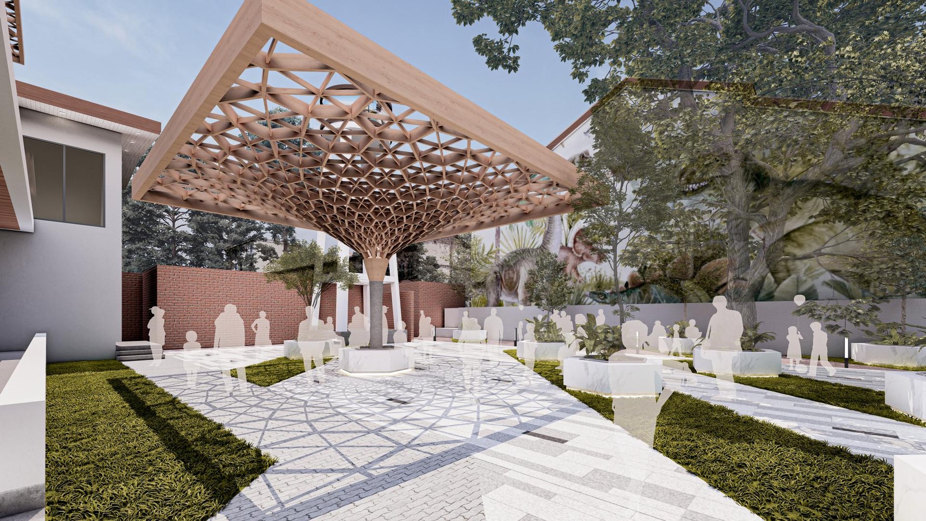 Landscaped central courtyard beneath a geometric timber canopy
