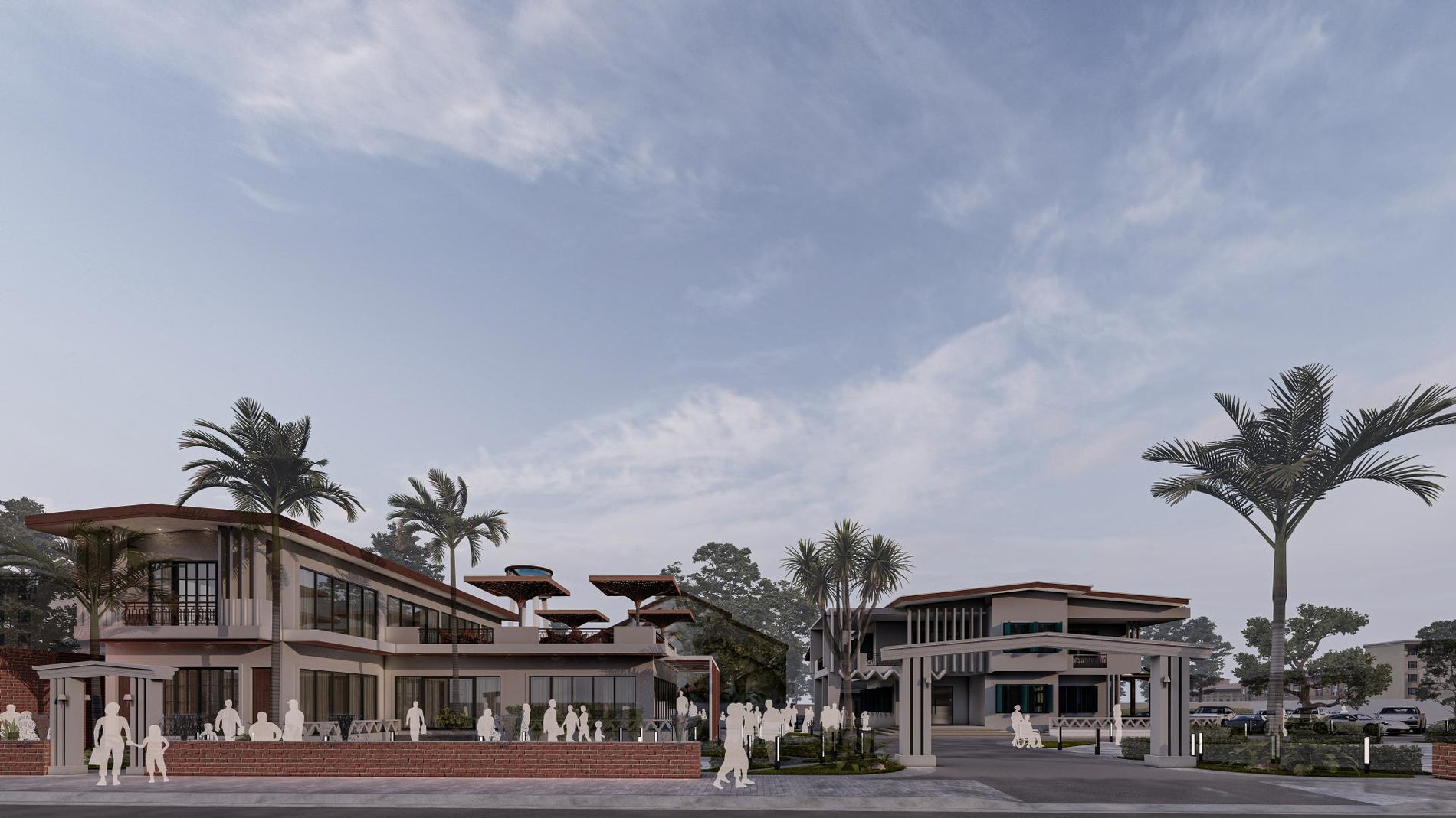 Restaurant and co-working campus organized around a central garden
