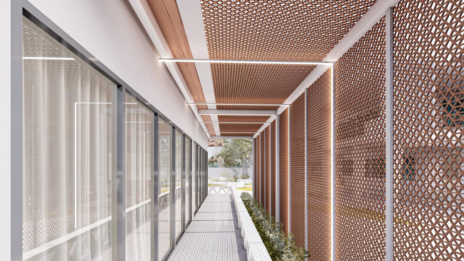 Shaded passage with patterned timber screens beside the co-working space