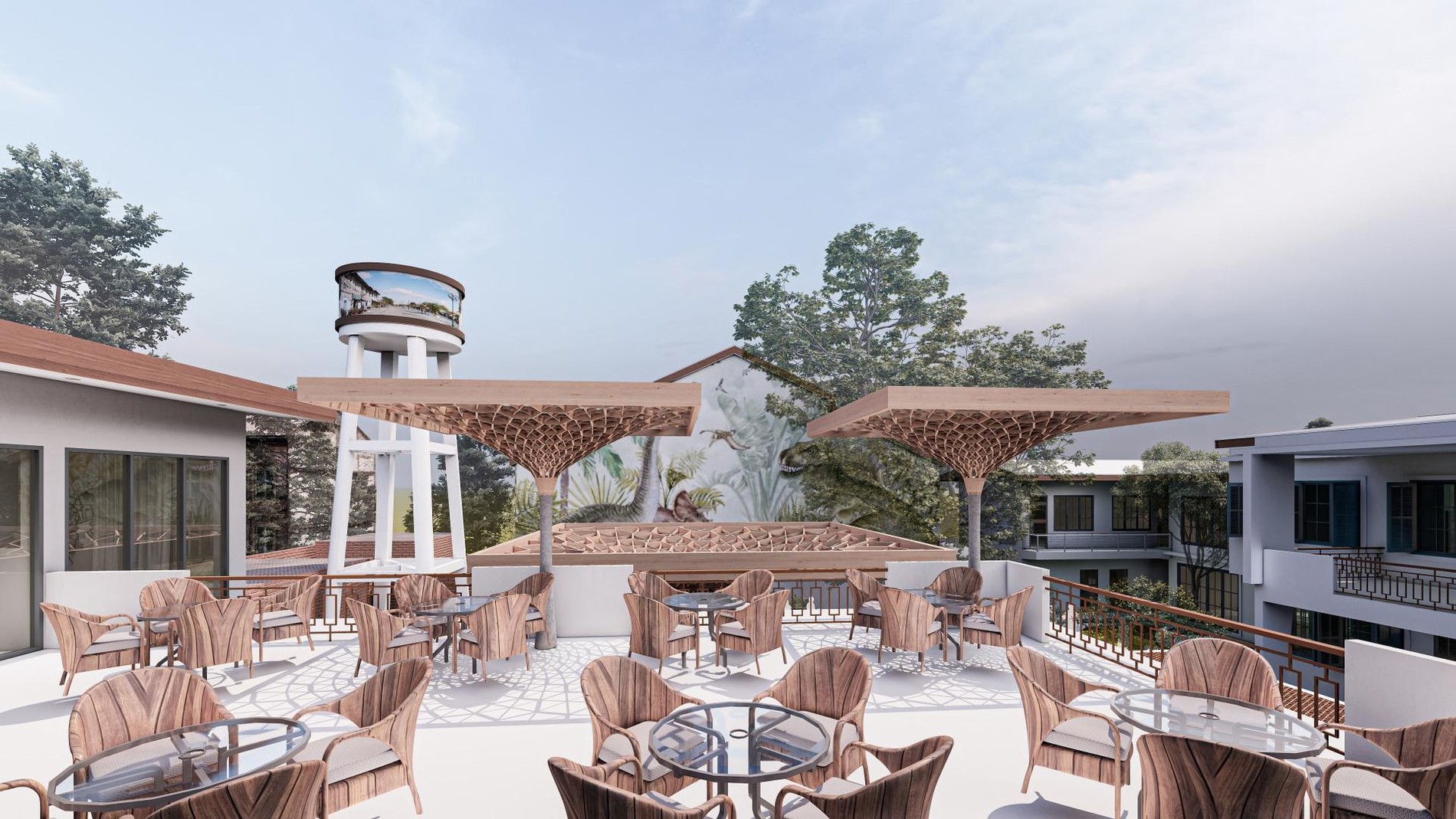 Open restaurant terrace beneath sculptural timber canopies