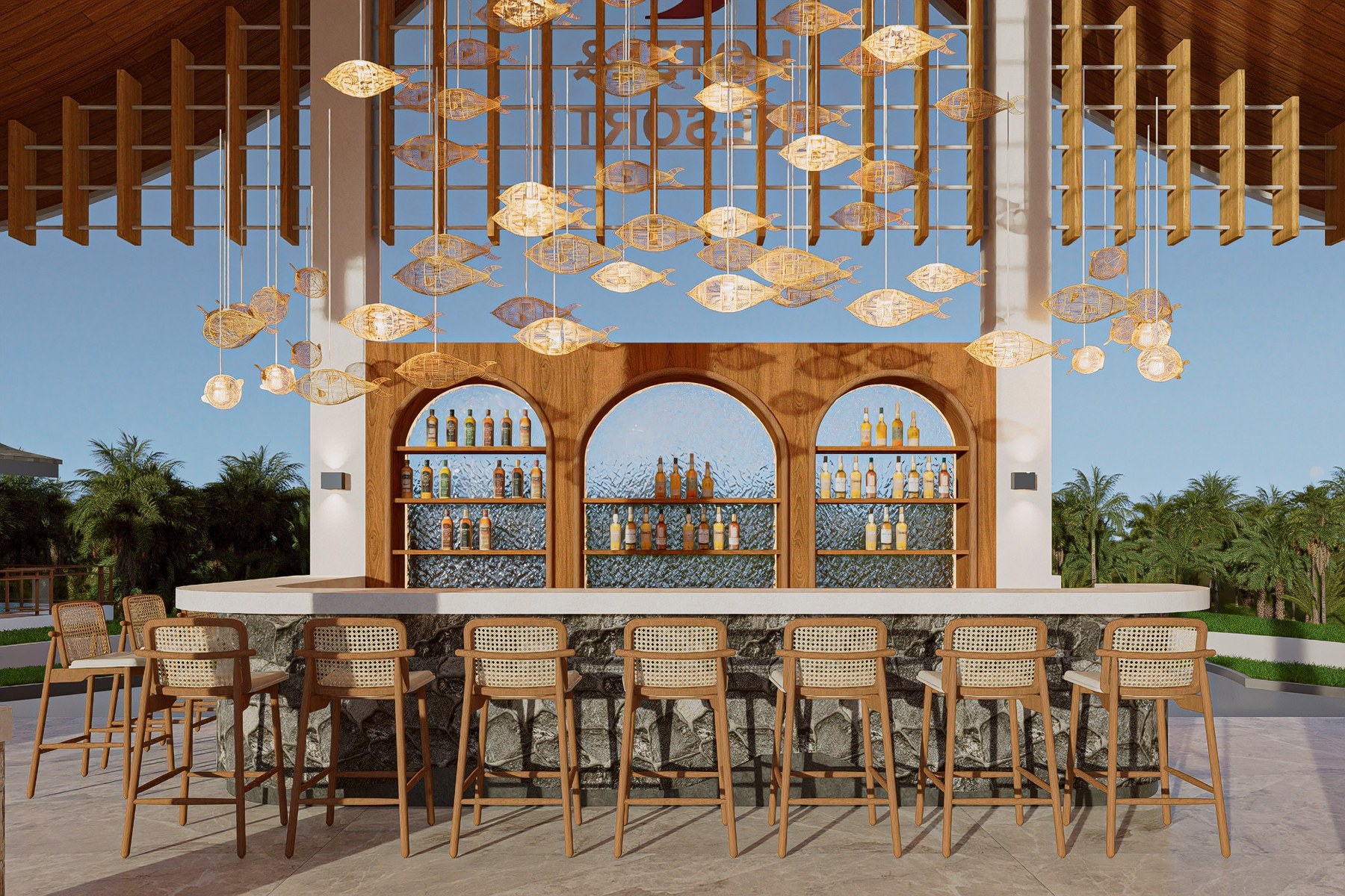 Bamboo fish chandelier above the riverside bar