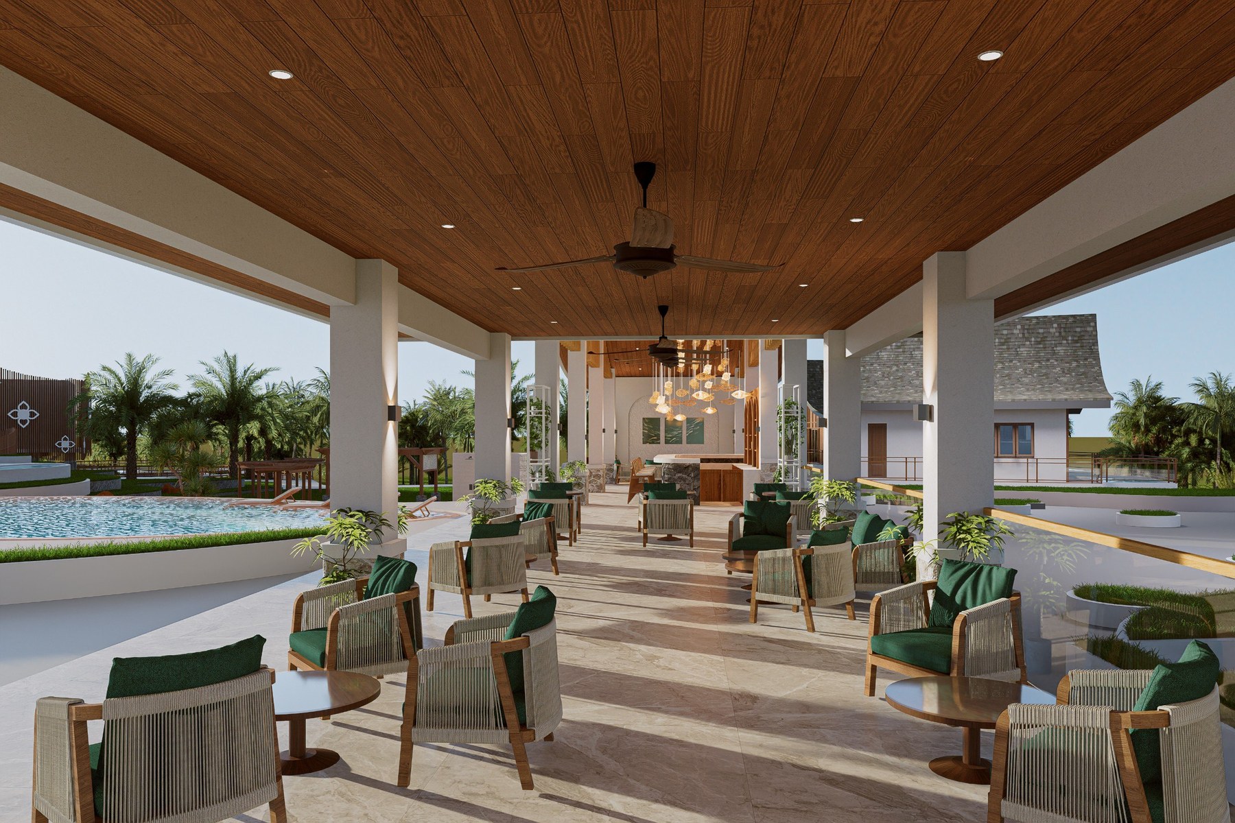 Open-air riverside lounge connected to the pool and landscape