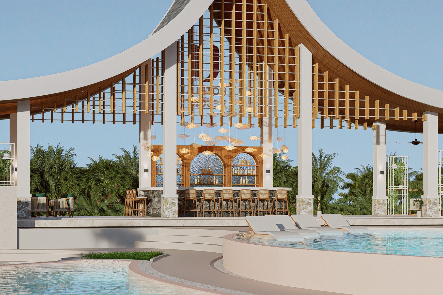 Poolside view of the riverside bar pavilion