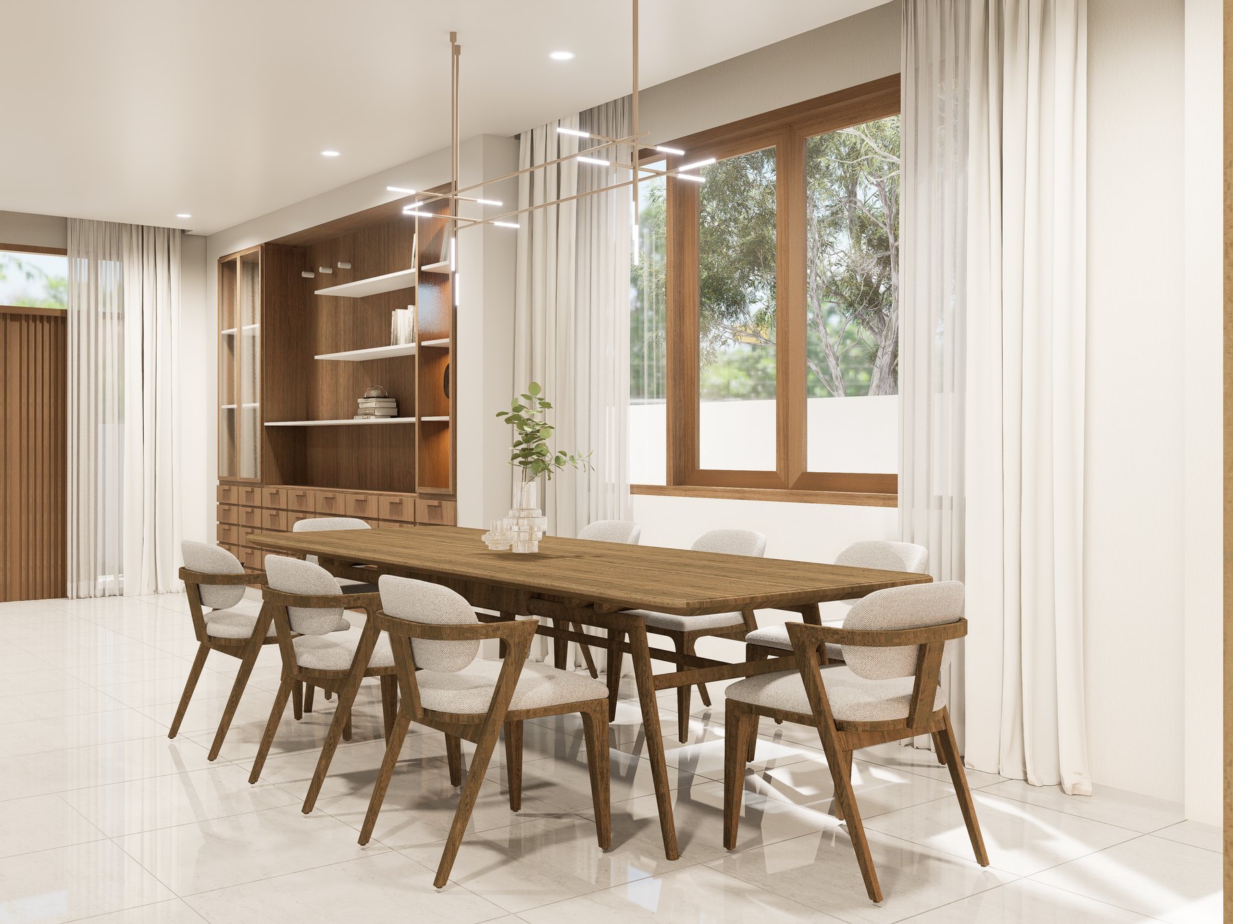 Warm timber dining room in the Twin House