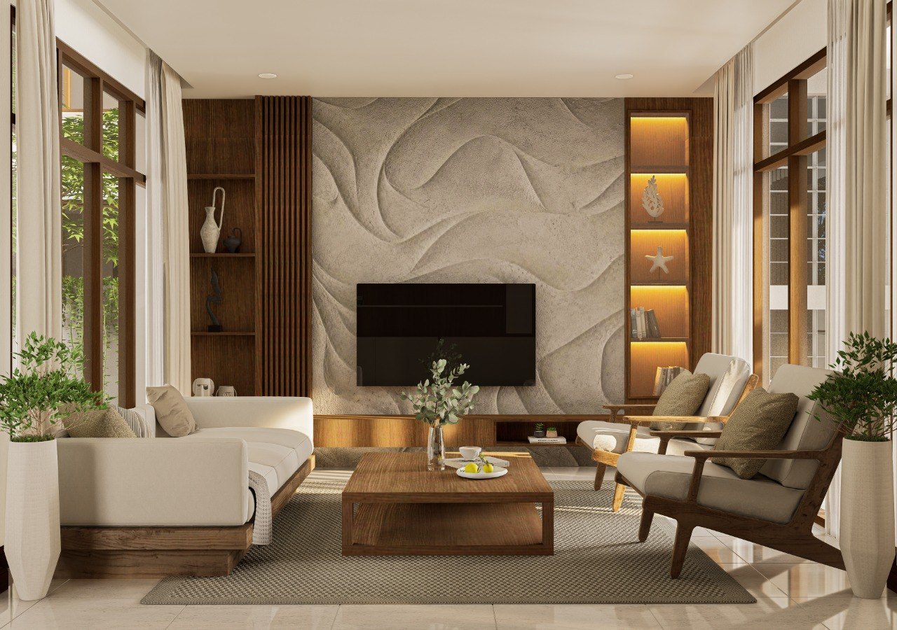 Living room framed by timber and courtyard views