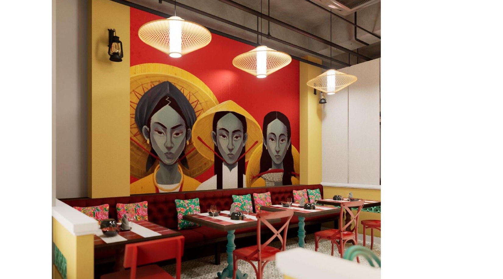 Vietnamese restaurant dining area with a traditional mural