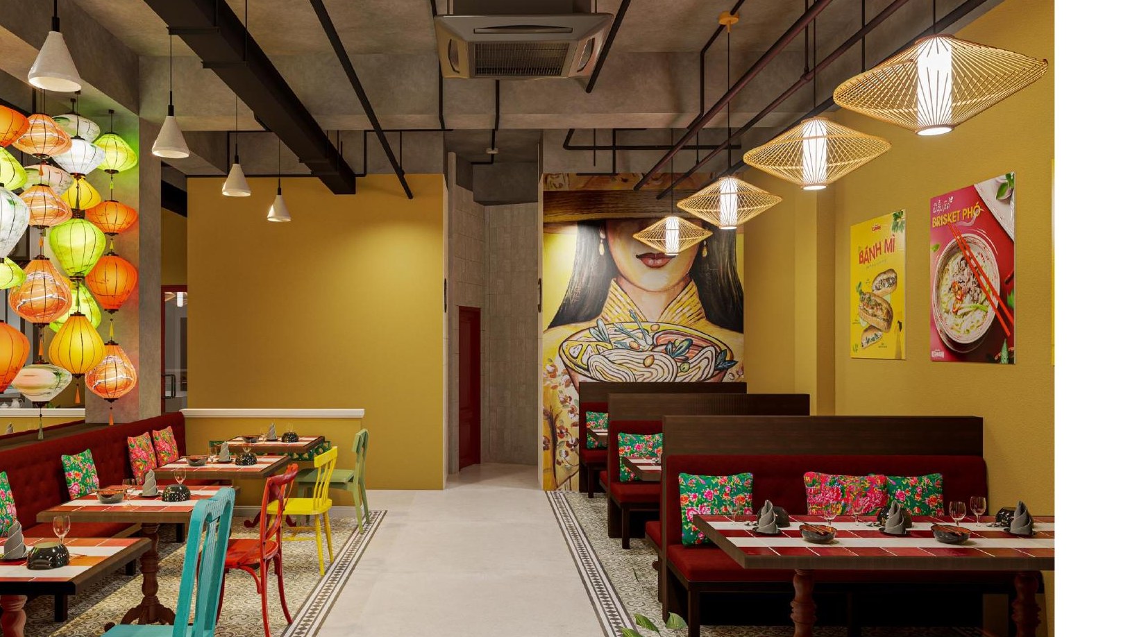 Colorful Vietnamese restaurant dining room