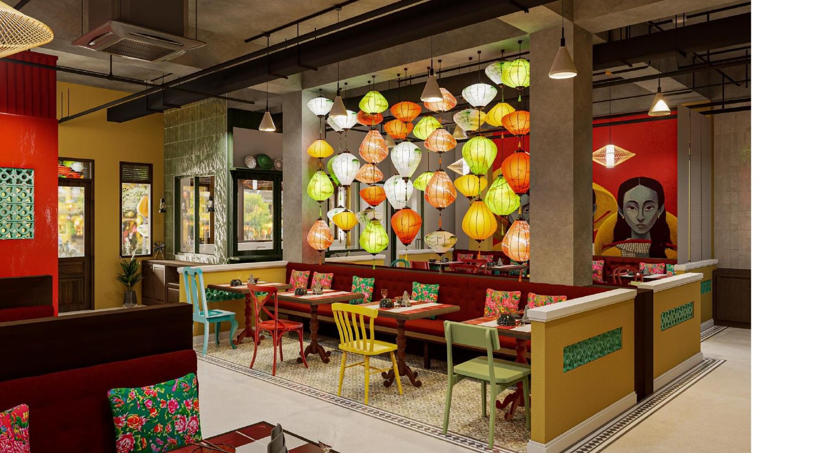 Vietnamese restaurant lantern feature and mixed seating