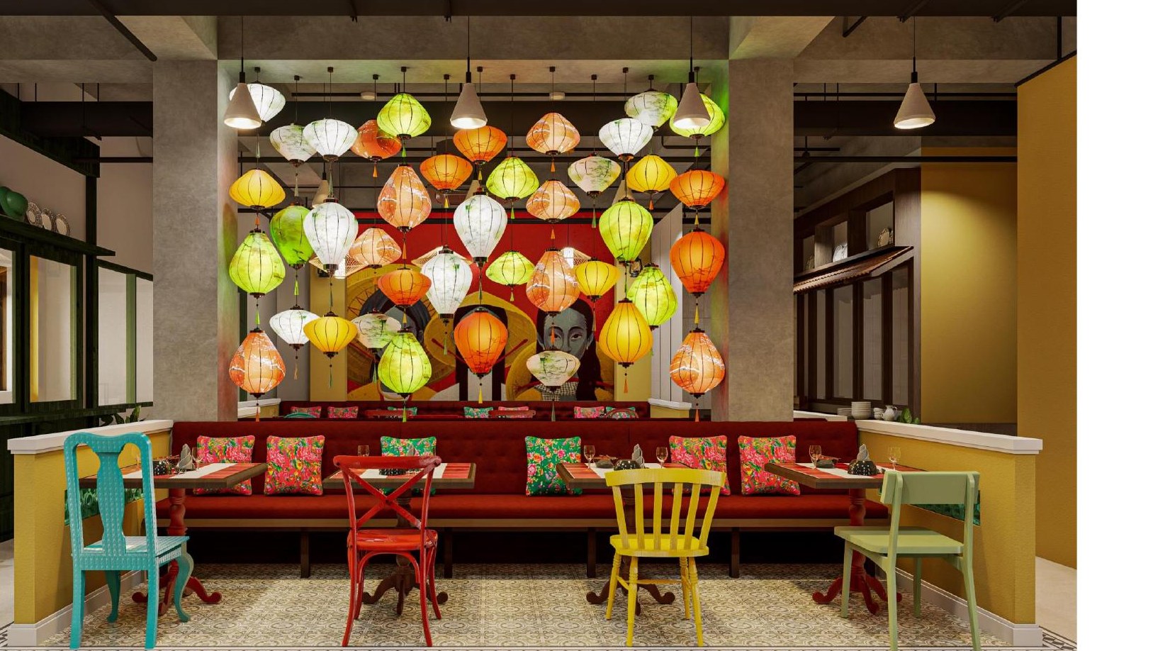 Vietnamese restaurant seating beneath a colorful lantern installation